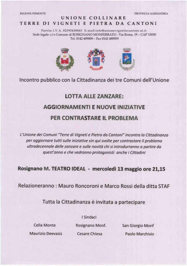 &laquo;Lotta alle zanzare&raquo; da Rosignano. Cella Monte e San Giorgio Monferrato